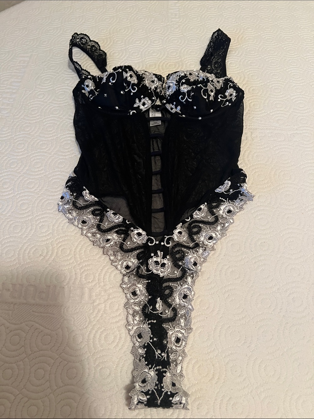 Victoria's Secret Black Lace Bodysuit with Silver Floral Embroidery